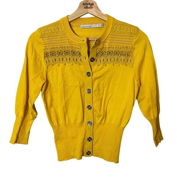 Karen Millen Sweaters - Karen Millen Yellow Embroidered Detail Crewneck Cardigan SZ 2 EUC Summer Prep